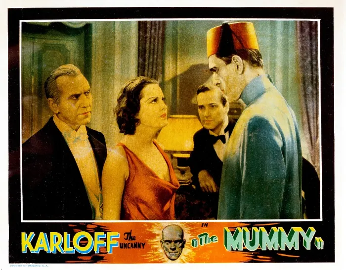Framed Print : THE MUMMY, lobbycard, from left: Edward Van Sloan, Zita Johann, David Manners, Boris Karloff, 1932
