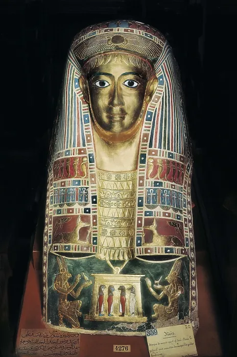 Framed Print : Mummy Mask. 1st half 1st c. Representations of funerary genious are inlaid in the pectoral. Made with painted cardboard and gilded with glass inlays. From the first Roman period