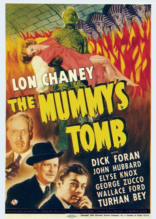 Framed Print : THE MUMMY'S TOMB, top: Lon Chaney Jr. Elyse Knox, bottom center: Wallace Ford, bottom right: Turhan Bey on midget window card, 1942 Framed Print : THE MUMMY'S TOMB, top: Lon Chaney Jr. Elyse Knox, bottom center: Wallace Ford, bottom right: Turhan Bey on midget window card, 1942