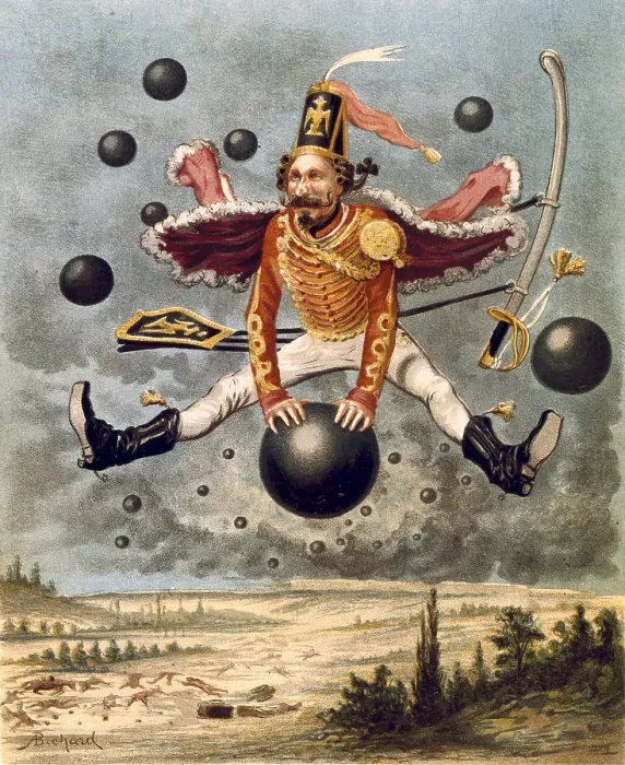 Framed Print : Munchhausen, Baron (1720-1797). German nobleman. 'Baron Munchausen riding a cannonball during the fight with Tippoo' Framed Print : Munchhausen, Baron (1720-1797). German nobleman. 'Baron Munchausen riding a cannonball during the fight with Tippoo'
