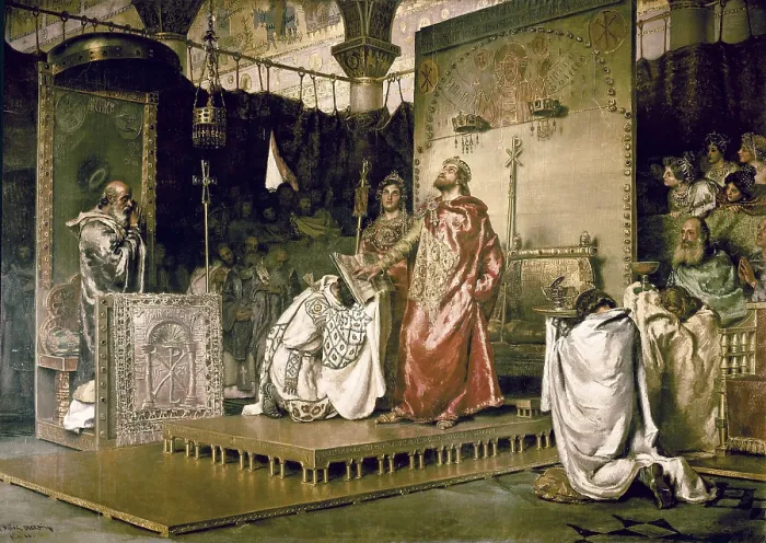 Framed Print : MUnOZ i DEGRAIN, Antoni (1841-1924). Recared's Conversion. end. 19th c. SPAIN. Madrid. Senate Palace. Spain. Visigothic Kingdom. Council of Toledo III Framed Print : MUnOZ i DEGRAIN, Antoni (1841-1924). Recared's Conversion. end. 19th c. SPAIN. Madrid. Senate Palace. Spain. Visigothic Kingdom. Council of Toledo III