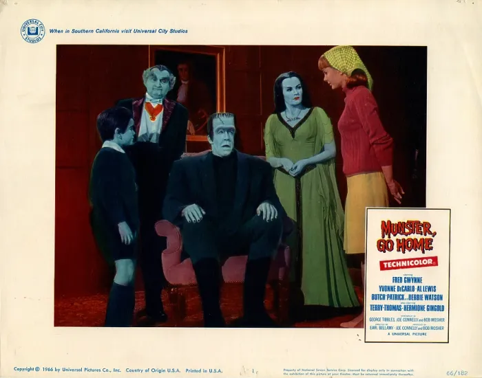 Framed Print : MUNSTER, GO HOME, from left, Butch Patrick, Al Lewis, Fred Gwynne, Yvonne De Carlo, Debbie Watson, 1966