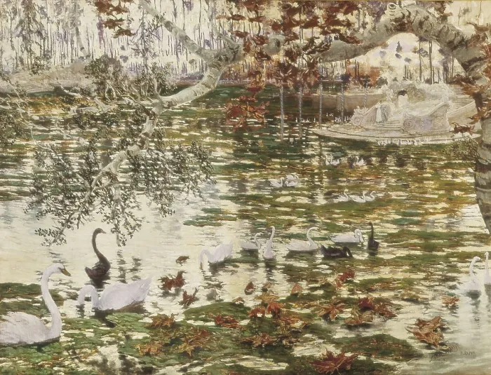 Framed Print : MUOZ i DEGRAIN, Antoni (1841-1924). Pond, fallen leaves and swans. 1913. Oil on canvas. SPAIN. Valencia. San Pio V Fine Arts Museum. AISA / Everett Collection**US SALES ONLY**