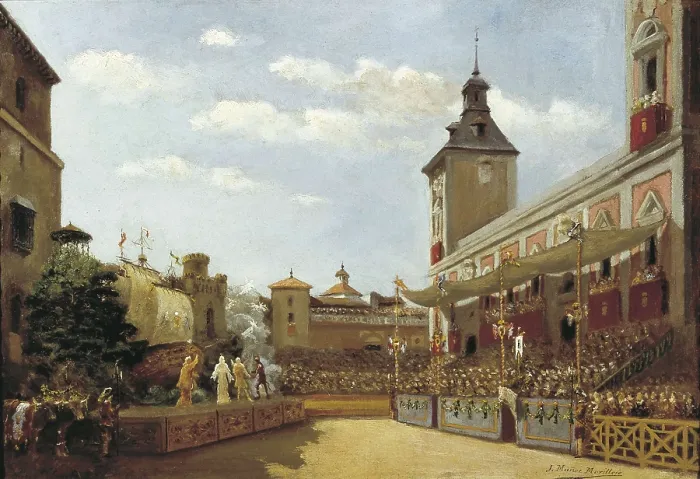 Framed Print : MUOZ MORILLEJO, Joaqun (1861-1935). Theatre performance at the Plaza de la Villa (City council's square in Madrid). 1918