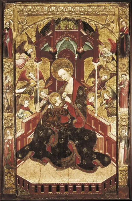 Framed Print : MUR, Ramon de (?-1435). Altarpiece of the Virgin of the Milk. beg. 15th c. The central panel is preserved. International gothic. Tempera on wood. SPAIN. Barcelona Framed Print : MUR, Ramon de (?-1435). Altarpiece of the Virgin of the Milk. beg. 15th c. The central panel is preserved. International gothic. Tempera on wood. SPAIN. Barcelona
