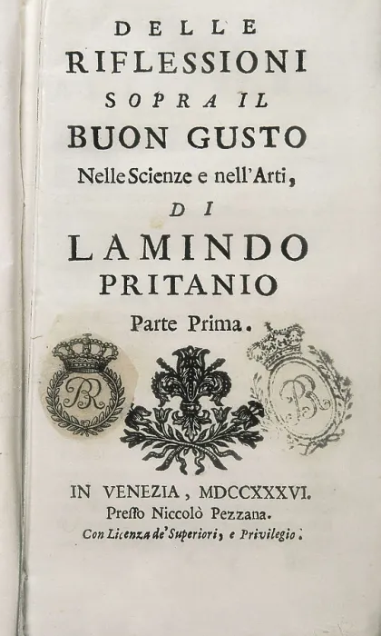 Framed Print : MURATORI, Ludovico Antonio (1672-1750). Frontispiece of the 'Riflessioni sopra il buon gusto nelle scienze e nelle arti ', work written between 1708-1715