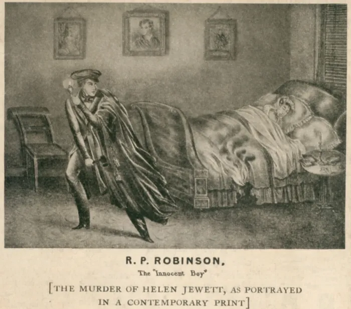 Framed Print : The murder of Helen Jewett in 1836 allegedly by Richard P. Robinson, leaving the brothel scene with a hatchet in hand, before he set it on fire