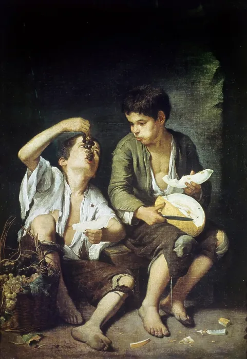 Framed Print : MURILLO, Bartolome Esteban (1617-1682). Baggar Boys Eating Grapes and Melon. 1645 - 1646. Baroque art. Oil on canvas. GERMANY. Munich. Alte Pinakothek (Old Pinacotheca)