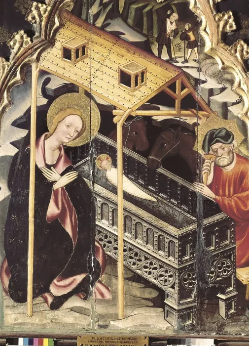 Framed Print : MURRamon de (?-1435). Guimera Altarpiece. 1402-1412. Detail. Scene of Jesus's birth. Gothic art. Tempera on wood. SPAIN. Vic. Vic Episcopal Museum. Proc: SPAIN. Guimer