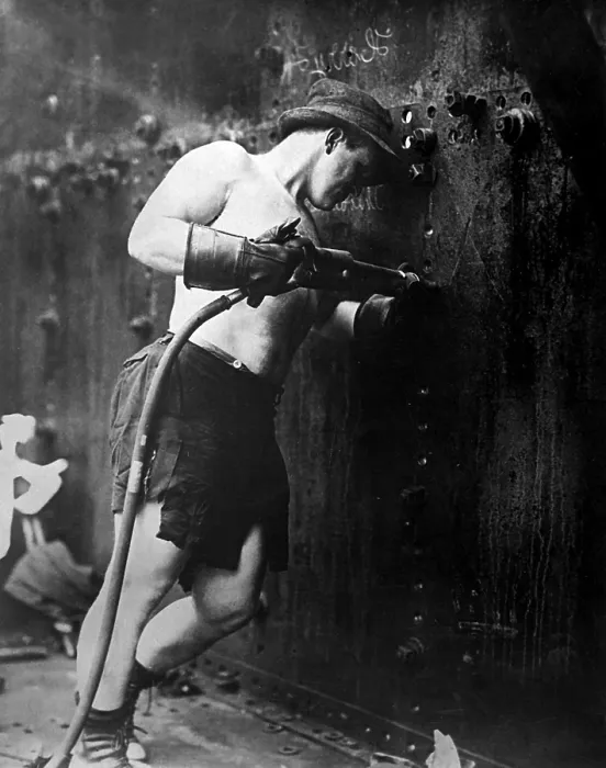 Framed Print : Muscular riveter at work at Hog Island Shipyard during World War I. Philadelphia, Pa. 1918
