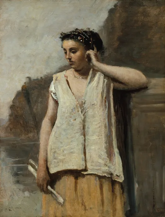 Framed Print : THE MUSE: HISTORY, by Camille Corot, 1865, French painting, oil on canvas. The naturalistic figure is painted with simple rustic garments Framed Print : THE MUSE: HISTORY, by Camille Corot, 1865, French painting, oil on canvas. The naturalistic figure is painted with simple rustic garments