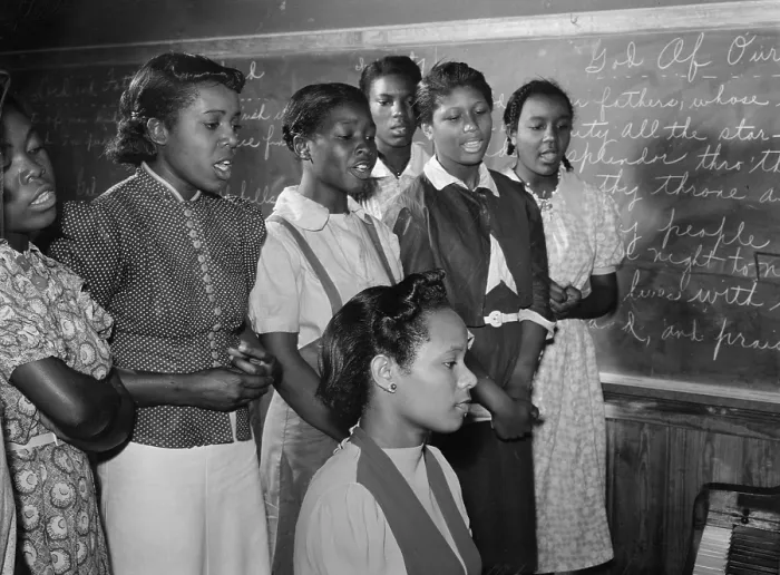 Framed Print : Music class of African American girls practicing songs for May Day-Health Day festivities. Flint River Farms, Georgia. 1939