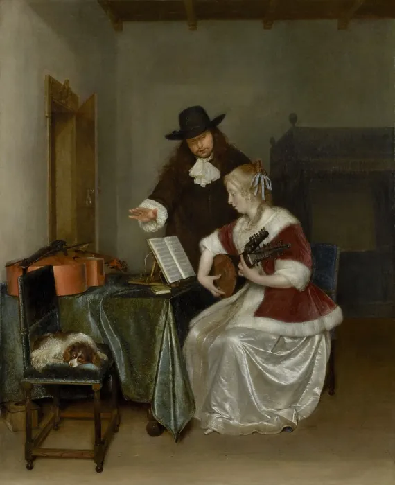 Framed Print : The Music Lesson, by Gerard ter Borch, 1668, Dutch painting, oil on canvas. An elegantly dressed woman plays the lute, while a man, keeps rhythm with his hand Framed Print : The Music Lesson, by Gerard ter Borch, 1668, Dutch painting, oil on canvas. An elegantly dressed woman plays the lute, while a man, keeps rhythm with his hand