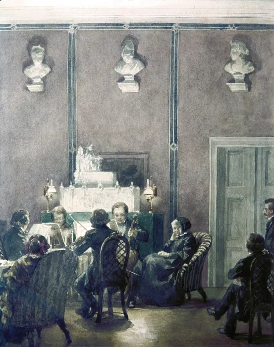 Framed Print : Musical evening at the house of Bettina Brentano, by Carl Johann Arnold, 1856, 19th Century, watercolour - Germany, Frankfurt, Goethemuseum. Whole artwork view Framed Print : Musical evening at the house of Bettina Brentano, by Carl Johann Arnold, 1856, 19th Century, watercolour - Germany, Frankfurt, Goethemuseum. Whole artwork view