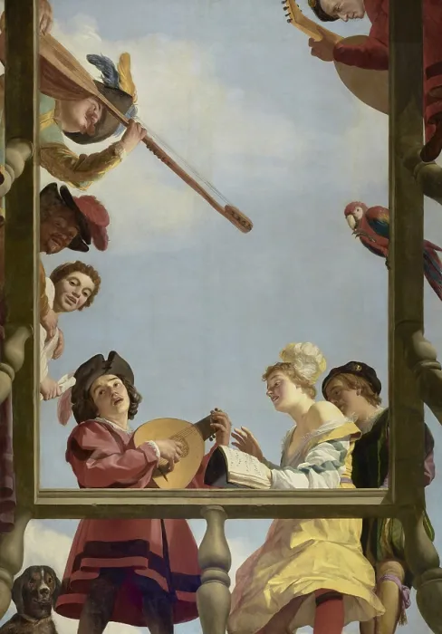 Framed Print : Musical Group on a Balcony, by Gerrit van Honthorst, 1622, Dutch painting, oil on canvas. Festive singers look down from around a balcony while playing musical instruments Framed Print : Musical Group on a Balcony, by Gerrit van Honthorst, 1622, Dutch painting, oil on canvas. Festive singers look down from around a balcony while playing musical instruments