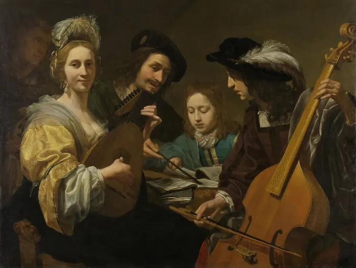 Framed Print : A Musical Party, by Gerard van Kuijl, 1651, Dutch painting, oil on canvas. A young man receives a music or singing lesson