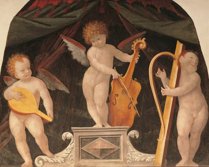 Framed Print : Three musician angels beneath a canopy, by Bernardino Lanino, 1540 about, 16th Century, detached fresco transferred to canvas, cm 155 x 192 - Italy, Lombardy, Milan Framed Print : Three musician angels beneath a canopy, by Bernardino Lanino, 1540 about, 16th Century, detached fresco transferred to canvas, cm 155 x 192 - Italy, Lombardy, Milan