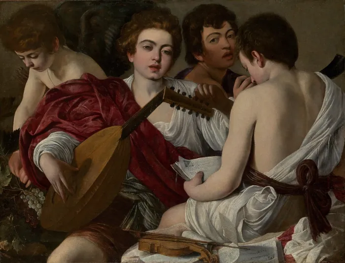 Framed Print : THE MUSICIANS, by Caravaggio, 1597, Italian painting, oil on canvas. In this allegory of music, the figures crowd the painting, and feel close to the viewer