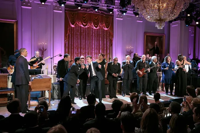 Framed Print : Musicians on stage during the finale of the In Performance at the White House: Memphis Soul'. President Barack Obama and First Lady Michelle Obama thank the performers