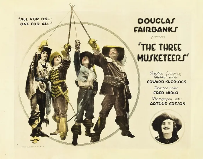 Framed Print : THE THREE MUSKETEERS, l-r: George Siegmann, Eugene Pallette, Douglas Fairbanks, Sr. Leon Bary on title card, 1921 Framed Print : THE THREE MUSKETEERS, l-r: George Siegmann, Eugene Pallette, Douglas Fairbanks, Sr. Leon Bary on title card, 1921