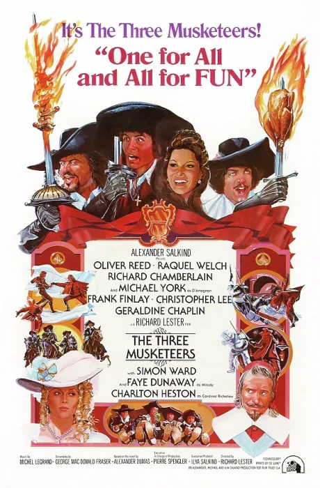Framed Print : THE THREE MUSKETEERS, US poster art, clockwise from top left: Frank Finlay, Michael York, Raquel Welch, Richard Chamberlain, Charlton Heston, Faye Dunaway, 1973 Framed Print : THE THREE MUSKETEERS, US poster art, clockwise from top left: Frank Finlay, Michael York, Raquel Welch, Richard Chamberlain, Charlton Heston, Faye Dunaway, 1973