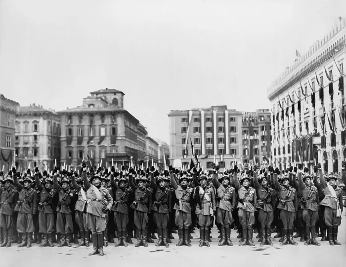 Framed Print : Mussolini leads a large group of Italian fascist troops in the famous dagger salute for visiting Chancellor Adolf Hitler. May 1938. (BSLOC_2013_9_129) Framed Print : Mussolini leads a large group of Italian fascist troops in the famous dagger salute for visiting Chancellor Adolf Hitler. May 1938. (BSLOC_2013_9_129)
