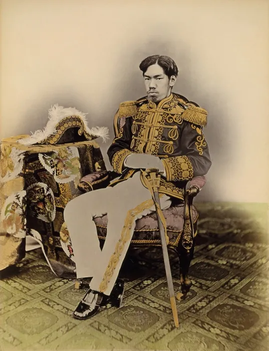 Framed Print : Mutsuhito, The Meiji Emperor, in military dress, 1872. Albumen print by Uchida Kuichi, with applied color