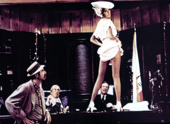 Framed Print : MYRA BRECKINRIDGE, from left: Roger C. Carmel, John Huston, Raquel Welch, Robert P. Lieb, 1970. TM and Copyright 20th Century Fox Film Corp