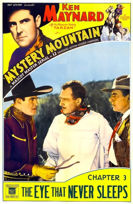 Framed Print : MYSTERY MOUNTAIN, top left and inset left: Ken Maynard in Chapter 3: The Eye That Never Sleeps, 1934