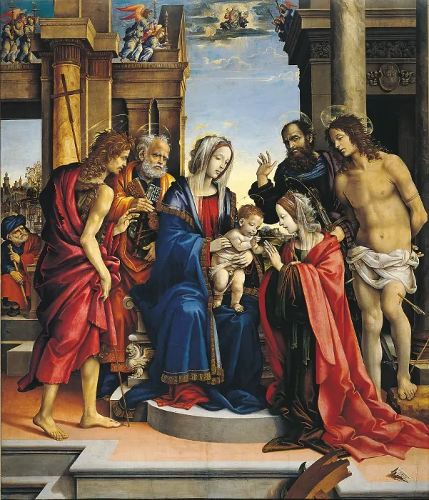 Framed Print : Mystical Marriage of St Catherine with Sts Paul, Sebastian, Peter and John the Baptist, by Filippino Lippi, 1501 - 1501, 16th Century, cm 202 x 172 - Italy, Emilia Romagna