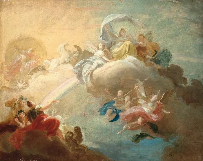 Framed Print : Mythological Allegory (probably Apotheosis of Juno), by Unknown French artist, 18th Century, gouache on paper glued on wood, 30 x 37.7 cm - Italy, Lombardy, Milan