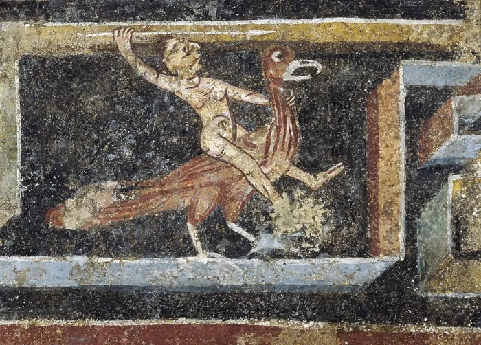 Framed Print : Mythological scene. 11th c. Romanesque art. Fresco. SPAIN. Solsona. Diocesan and Regional Museum. Proc: SPAIN. Cercs. Church of St. Quirs de Pedret