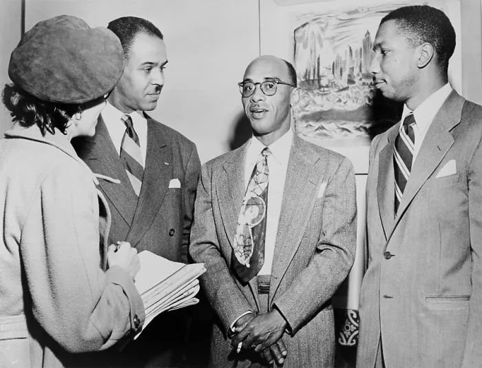 Framed Print : NAACP leaders during press conference at their New York City headquarters. L-R: Roy Wilkins, Heman Sweatt, Robert L. Carter. 1950
