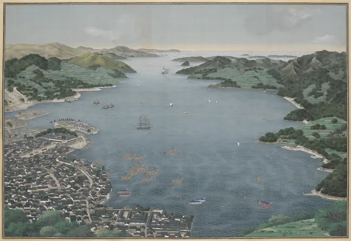 Framed Print : Nagasaki Harbor, by Kawahara Keiga, c. 1800-50, Japanese painting, watercolor on silk. Dutch and Chinese ships lie at anchor Framed Print : Nagasaki Harbor, by Kawahara Keiga, c. 1800-50, Japanese painting, watercolor on silk. Dutch and Chinese ships lie at anchor