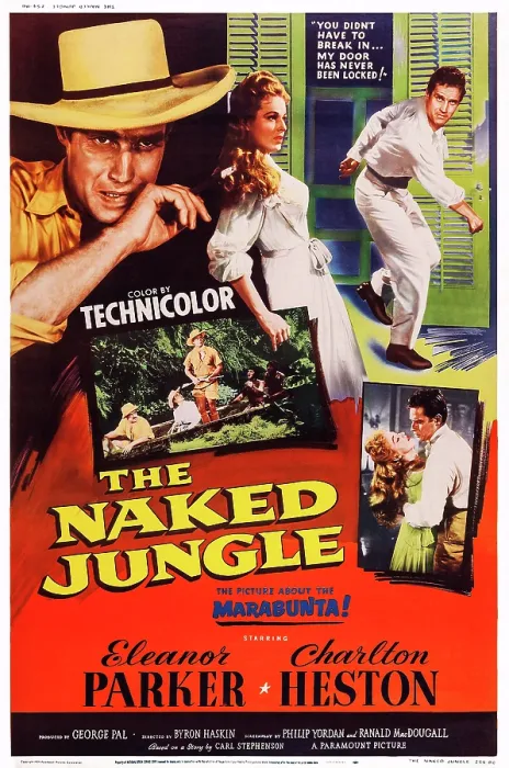 Framed Print : THE NAKED JUNGLE, US poster art, left and right: Charlton Heston; center: Eleanor Parker, 1954 Framed Print : THE NAKED JUNGLE, US poster art, left and right: Charlton Heston; center: Eleanor Parker, 1954