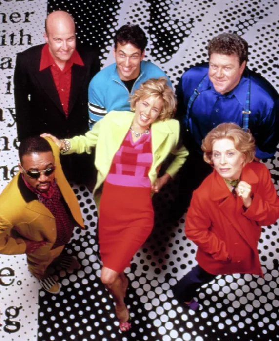 Framed Print : THE NAKED TRUTH, back row: Mark Roberts, Jonathan Penner, George Wendt, (front): Darryl Sivad, Tea Leoni, Holland Taylor, 1995-98