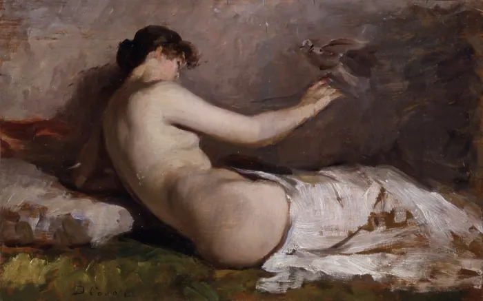 Framed Print : Naked Woman with Little Bird (Nudo con uccellino), by Demetrio Cosola, 1880 - 1890, 19th Century, oil on board - Private collection. Whole artwork view