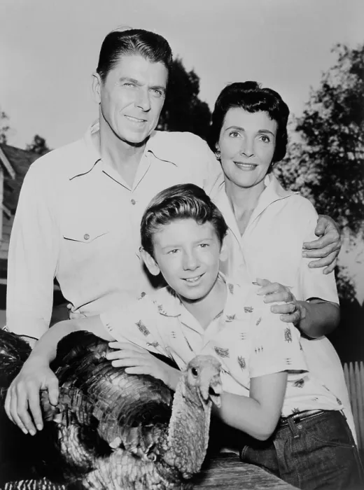 Framed Print : Nancy Davis, Ronald Reagan, Tommy Nolan and a live turkey pose for G.E. Theater publicity photo. 1958. - (BSLOC_2014_17_104)