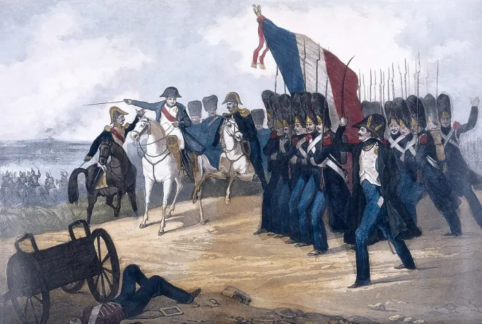 Framed Print : Napoleon in the Battle of Waterloo, 1815. The French, English and Prussian armies were defeated, which implied the fall of the emperor. Drawing
