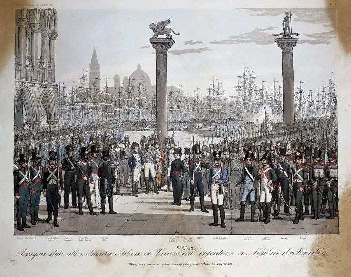 Framed Print : Napoleon makes a tour of inspection to the Italian navy in Venice the 29th November 1807. Engraving. ITALY. Rome