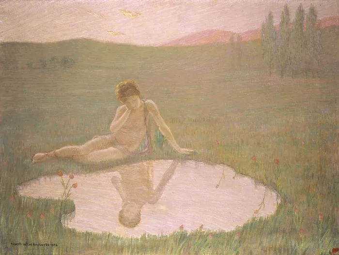Framed Print : Narcissus at the mirror, by Alberto Helois Gagliardo, 1916, 20th Century, oil on canvas - Private collection. Whole artwork view Framed Print : Narcissus at the mirror, by Alberto Helois Gagliardo, 1916, 20th Century, oil on canvas - Private collection. Whole artwork view