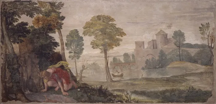 Framed Print : Narcissus (Narciso), by Domenico Zampieri known as Domenichino, 1603, 17th Century, fresco. - Italy, Lazio, Rome, Palazzo Farnese, the Loggia of the Garden. Detail