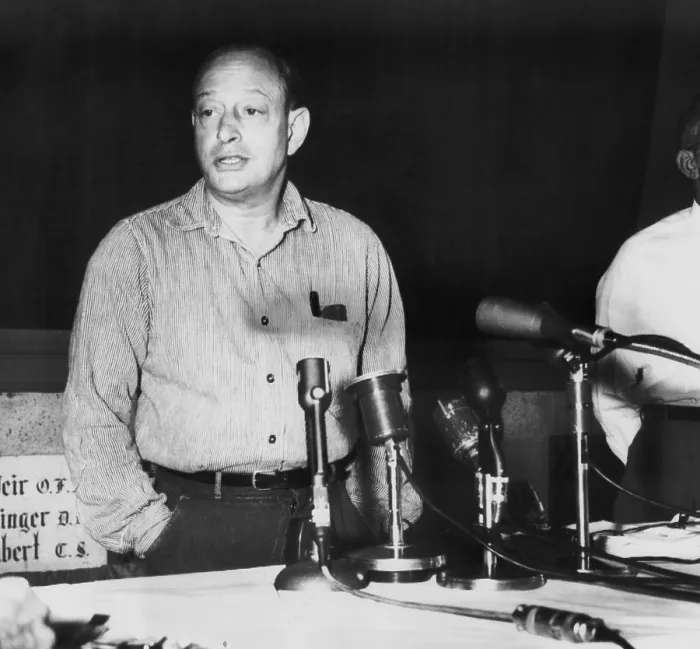 Framed Print : Nathan Leopold, 52 year old, speaks to the press at Statesville Penitentiary, July 31, 1957. The famous murderer had just been refused executive clemency by Gov. William Stratton