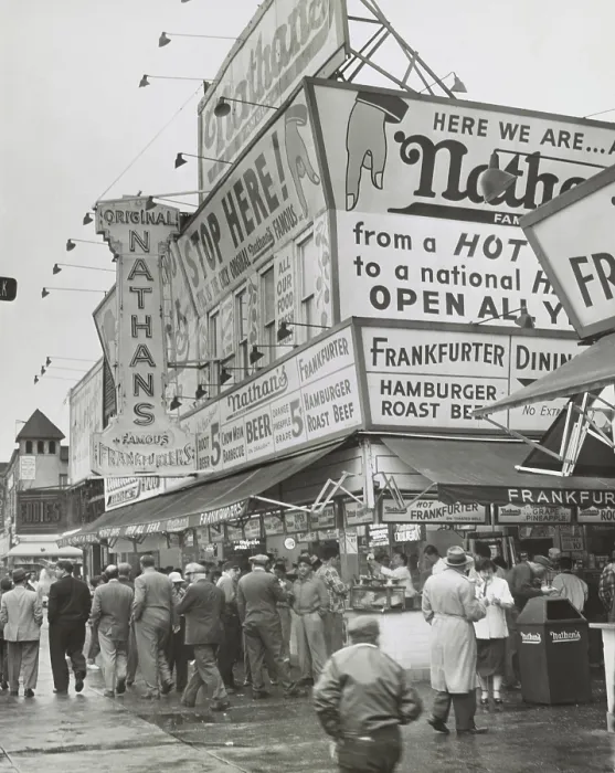 Framed Print : Nathan's Hot Dogs food stand on the Coney Island Boardwalk, May 11, 1954. Brooklyn, New York City. (BSLOC_2015_17_229)