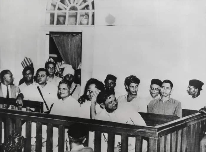 Framed Print : Nathuram Vinayak Godse (left) on trial with others for the assassination of Mahatma Gandhi on Jan. 30, 1948