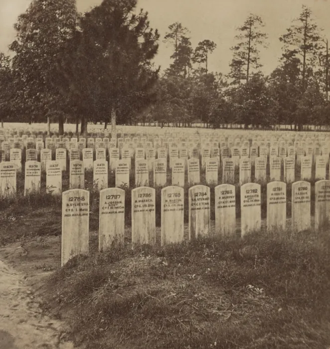 Framed Print : National Cemetery at Andersonville, Georgia in photo taken between 1864-1870. Under difficult conditions, Union soldiers recorded the names of the dead and their burial locations