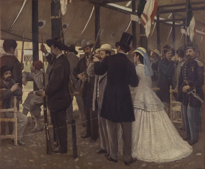 Framed Print : The third National Competition Shooting in Florence, by Giovanni Estienne, 19th century, oil on canvas, 46 x 56 cm. - Italy, Lombardy, Milan, Collection Brera. Whole artwork view Framed Print : The third National Competition Shooting in Florence, by Giovanni Estienne, 19th century, oil on canvas, 46 x 56 cm. - Italy, Lombardy, Milan, Collection Brera. Whole artwork view