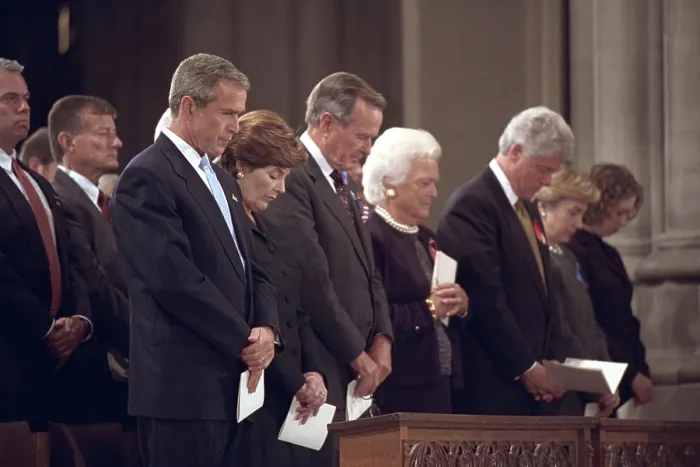 Framed Print : National Day of Prayer and Remembrance service on Sept. 14, 2001. At National Cathedral, L-R: President George W. Bush, Mrs. Laura Bush, Former President George H. W. Bush, Mrs