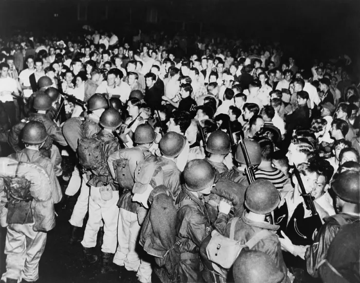 Framed Print : National Guardsmen with rifles and bayonets in Cicero, Illinois. A large crowd of teen-agers protested when an African American family moved into an apartment building