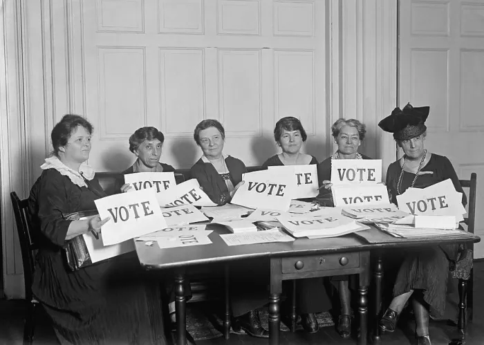 Framed Print : National League of Women Voters hold up signs reading, VOTE, Sept. 17, 1924. Millions of women voted in 1920 and 1924, but in a lower proportion than men